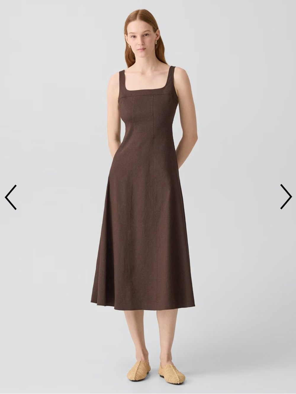 Theory Seamed Square Neck Linen Midi Dress in Brown.